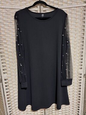 SHEIN Black Long Sleeve Mesh Pearl Accent Dress